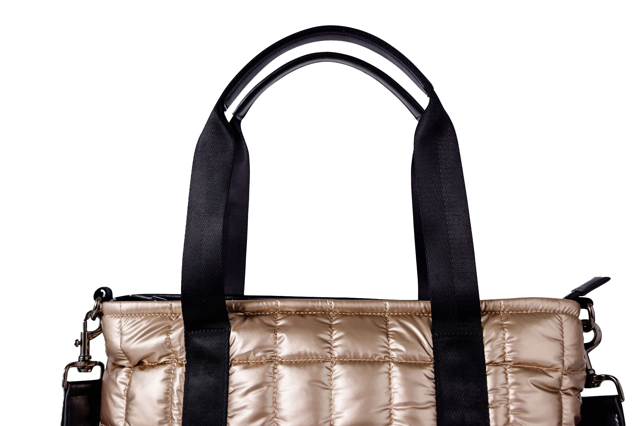 Gold puffer laptop tote with black handles on a white background