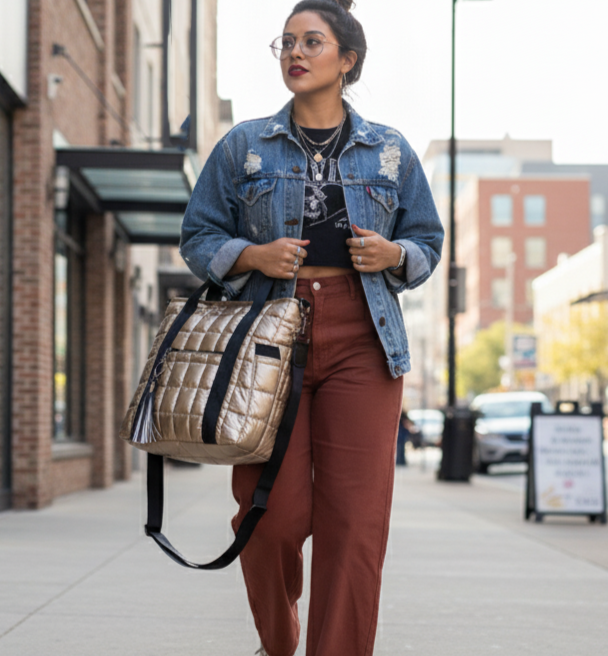 Woman walking on a sidewalk wearing a denim jacket and brown pants, holding a gold puffer laptop tote.