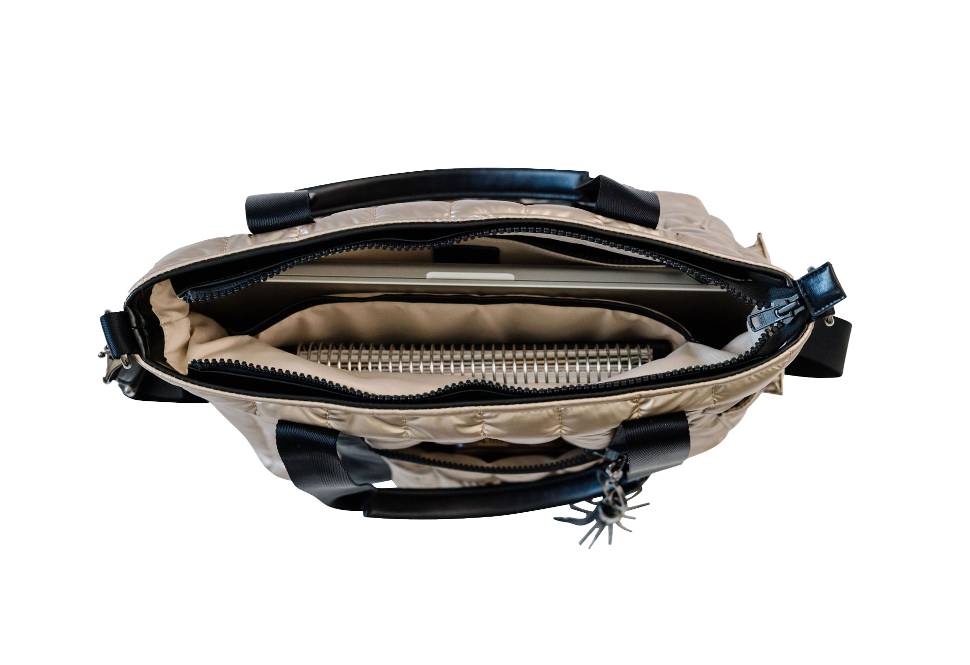 Gold and black puffer laptop tote with zippers on a white background