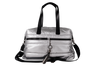 Silver insulated tote with black handles and straps on a white background