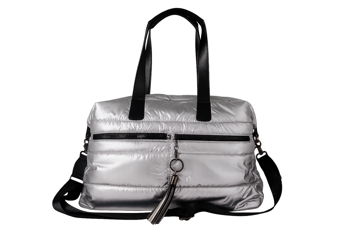 Silver insulated tote with black handles and straps on a white background