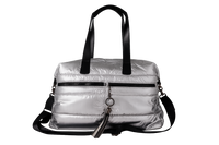 Silver insulated tote with black handles and straps on a white background