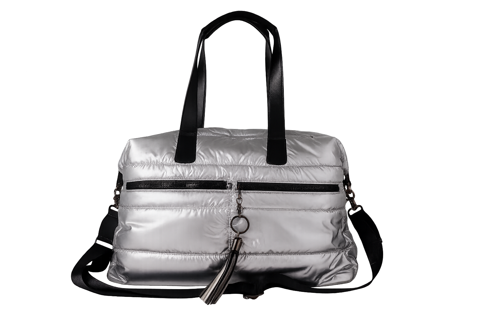 Silver insulated tote with black handles and straps on a white background