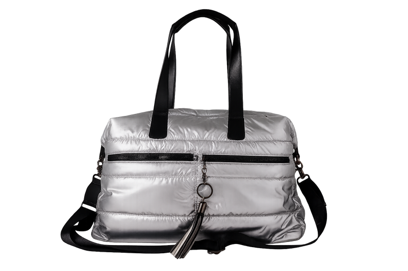 Silver insulated tote with black handles and straps on a white background