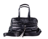 Black puffer weekender tote bag with a keychain on a white background