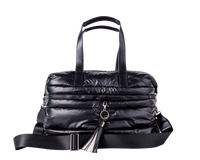 Black puffer weekender tote bag with a keychain on a white background