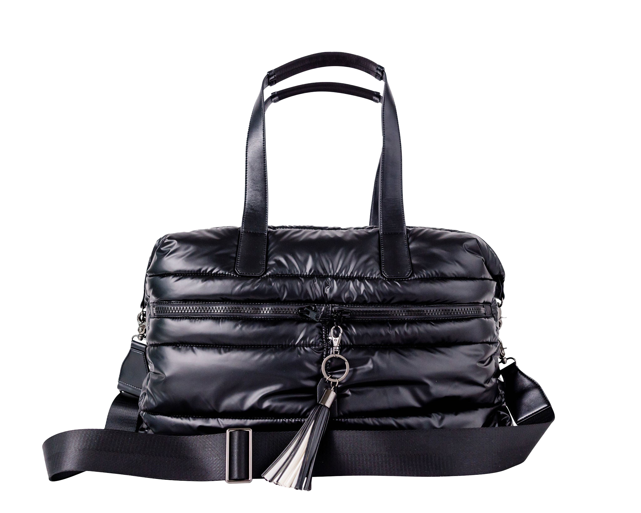 Black puffer weekender tote bag with a keychain on a white background
