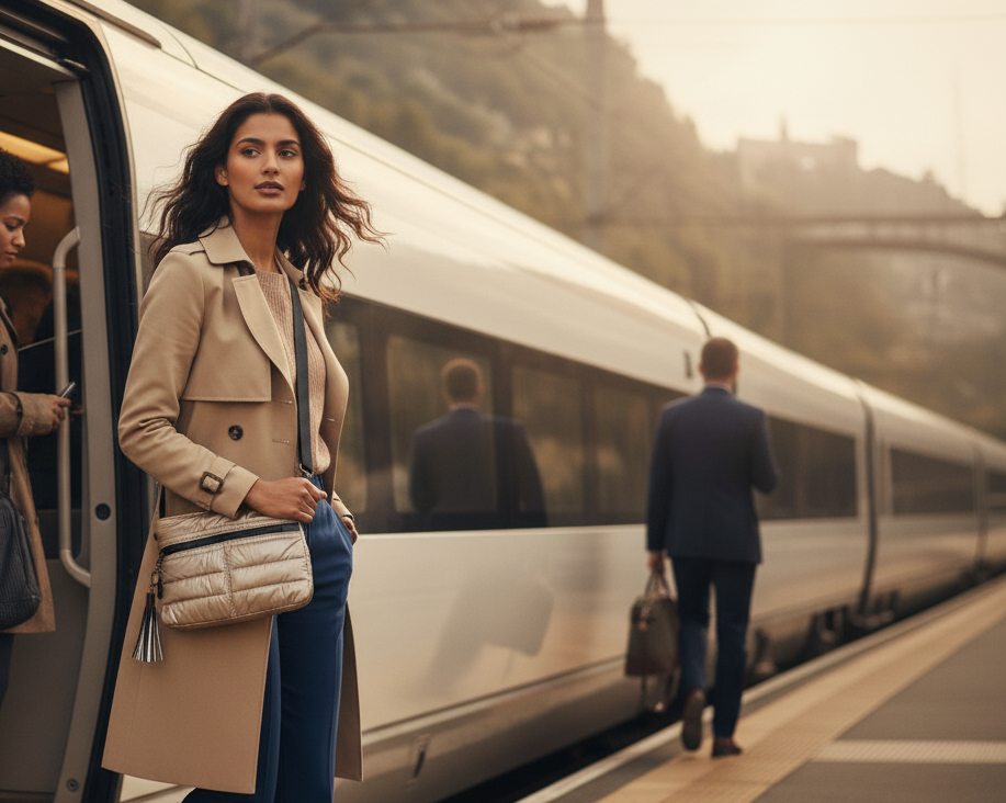 Woman in a trench coat standing on a train platform with a modern train in the background