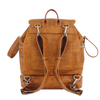 Brown vegan leather convertible backpack diaper bag with silver zippers on a white background