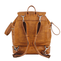 Brown vegan leather convertible backpack diaper bag with silver zippers on a white background