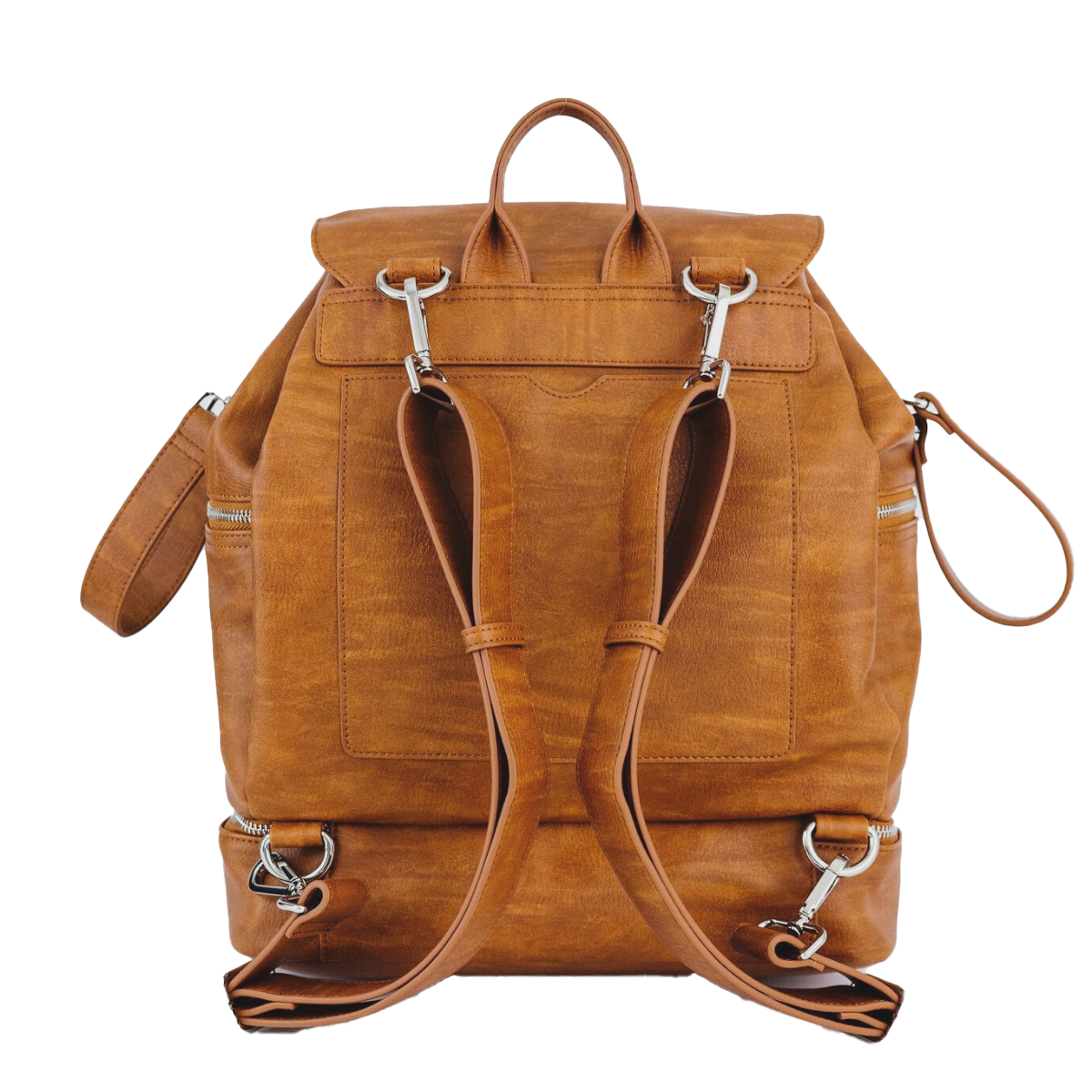 Brown vegan leather convertible backpack diaper bag with silver zippers on a white background