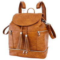 Brown leather convertible diaper bag backpack tote with silver zippers on a transparent background