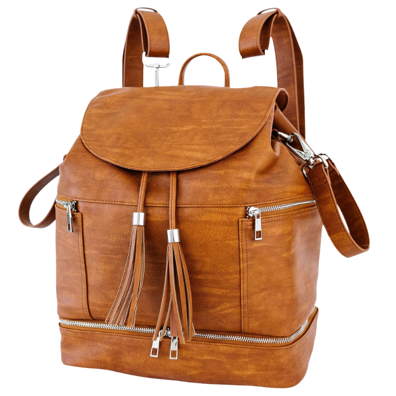 Brown leather convertible diaper bag backpack tote with silver zippers on a transparent background