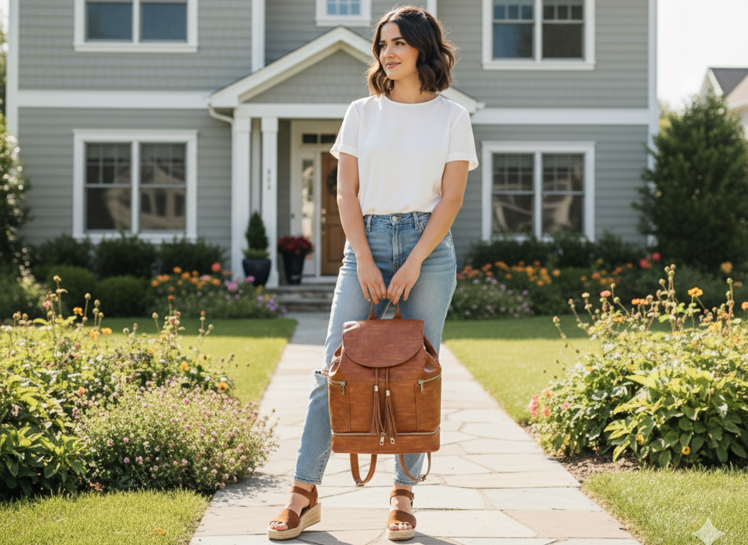 Woman holding a brown vegan leather convertible backpack diaper bag in front of a house with a garden.