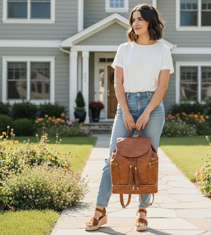 Woman holding a brown vegan leather convertible backpack diaper tote bag in front of a house with a garden.