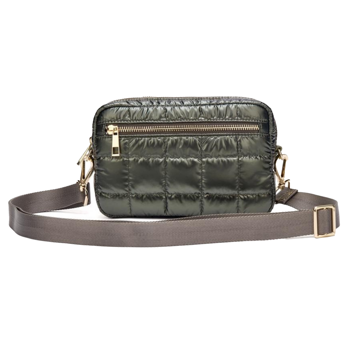 Green puffer crossbody tote with gold zippers on a white background