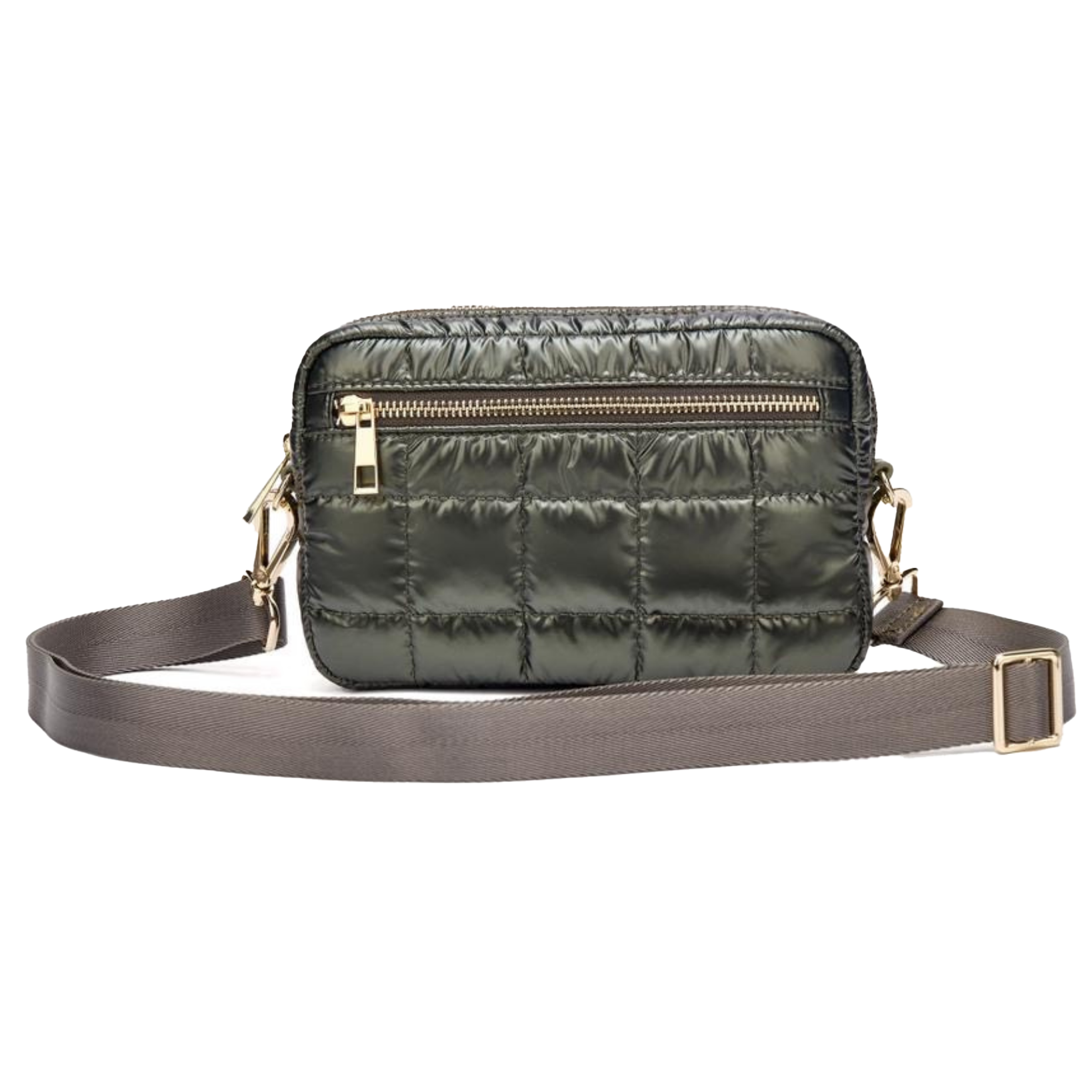 Green puffer crossbody tote with gold zippers on a white background