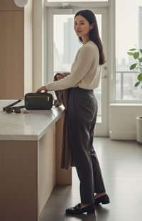 Woman standing in a modern kitchen with a window in the background and a green tote