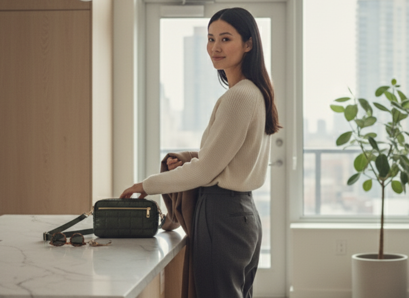 Woman standing in a modern kitchen with a window view, holding a green tote.