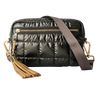 Green puffer crossbody tote with gold accents on a white background