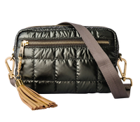Green puffer crossbody tote with gold accents on a white background