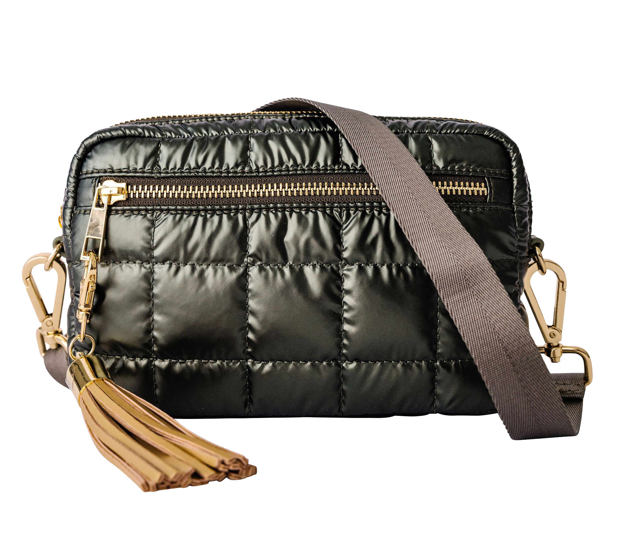 Green puffer crossbody tote with gold accents on a white background