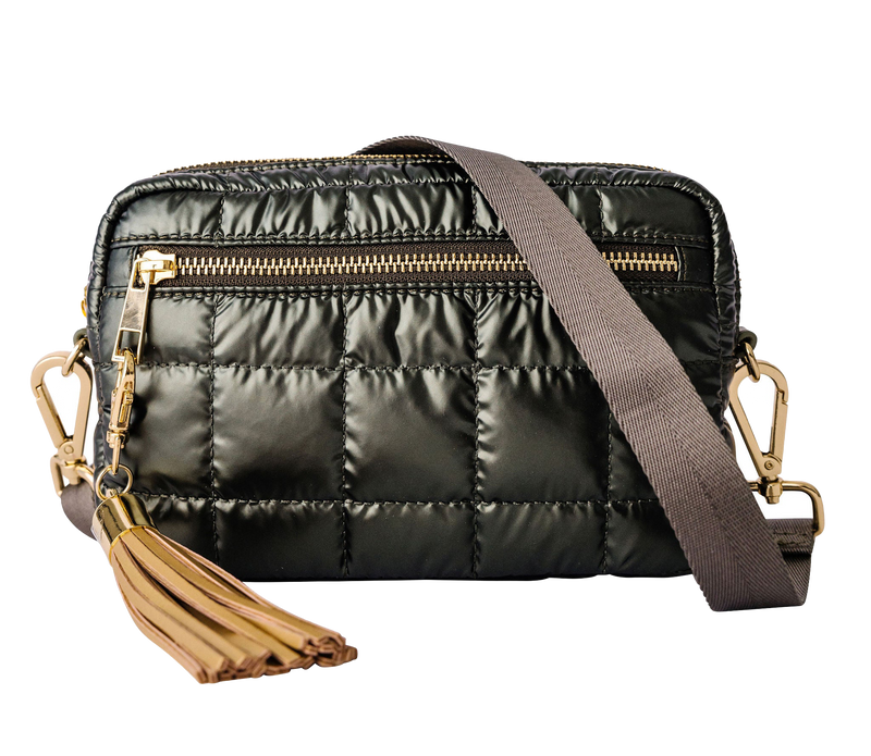 Green puffer crossbody tote with gold accents on a white background