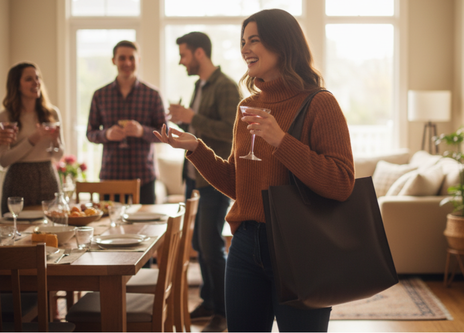 Woman standing in a living room with friends around a dining table, holding a glass and a brown leather tote.
