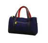 Navy duffel bag with orange handles on a wooden bench against a transparent background
