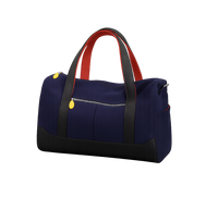Navy duffel bag with orange handles on a wooden bench against a transparent background