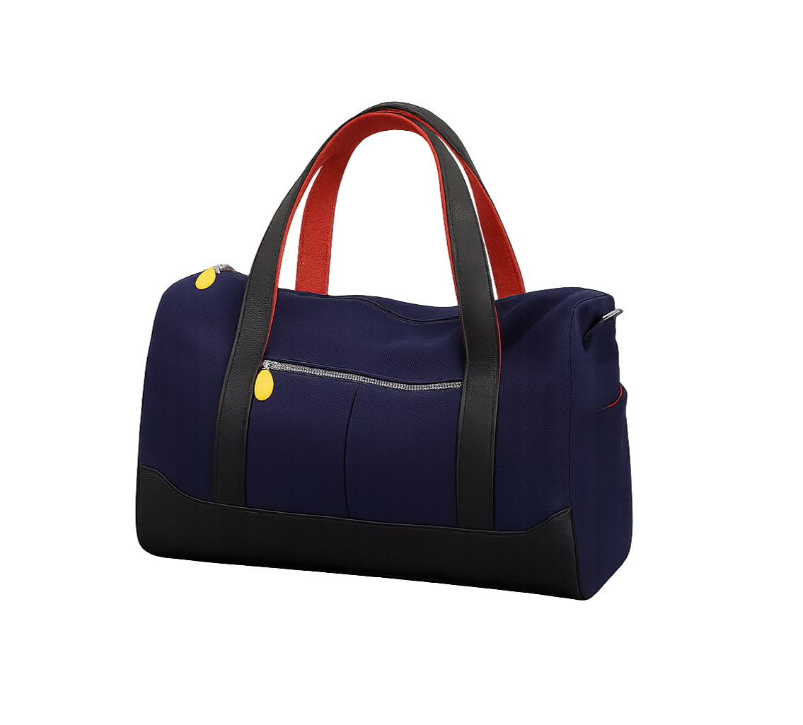 Navy duffel bag with orange handles on a wooden bench against a transparent background