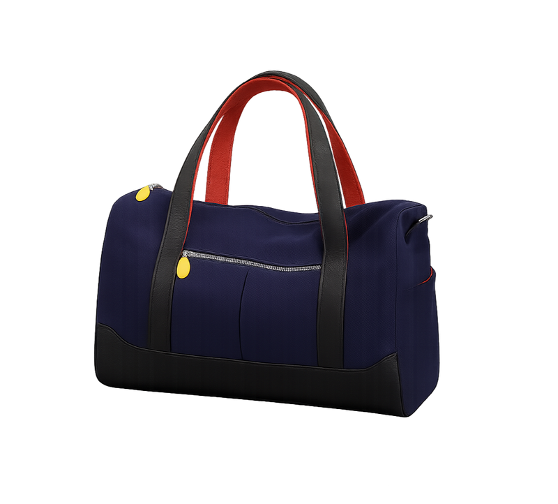 Navy duffel bag with orange handles on a wooden bench against a transparent background