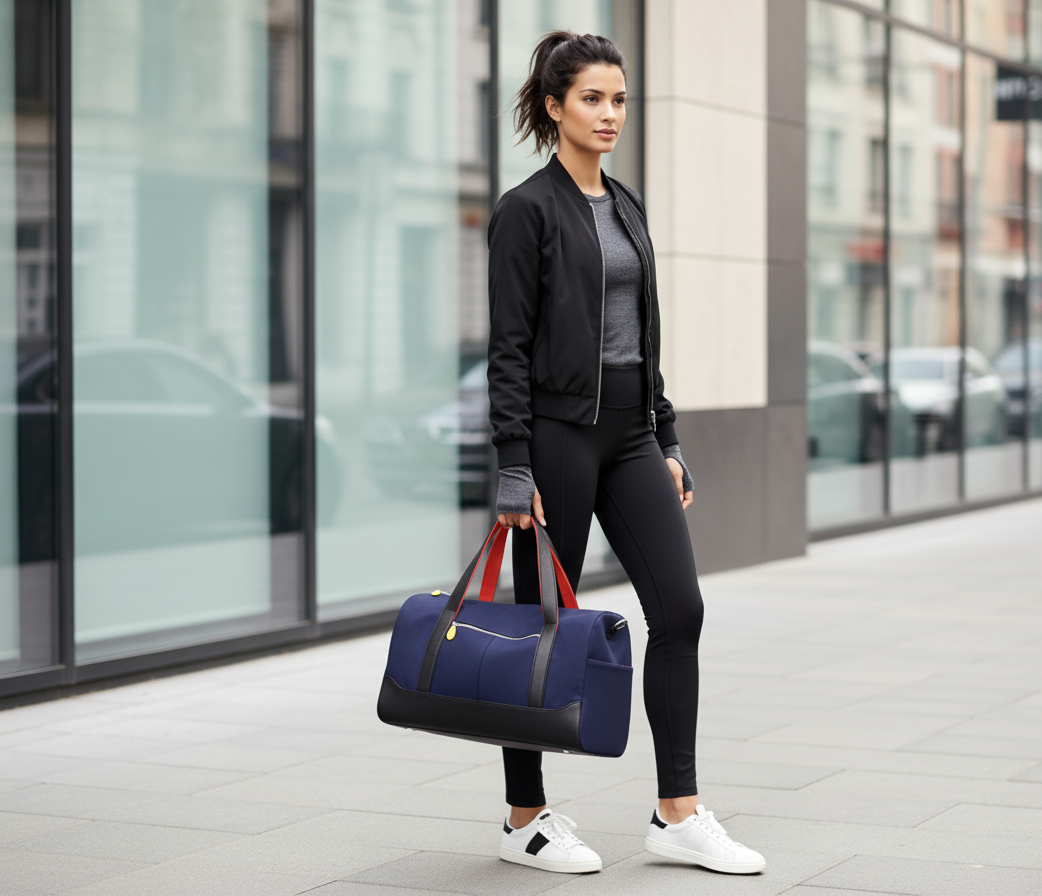 Woman holding a blue duffel bag in an urban setting
