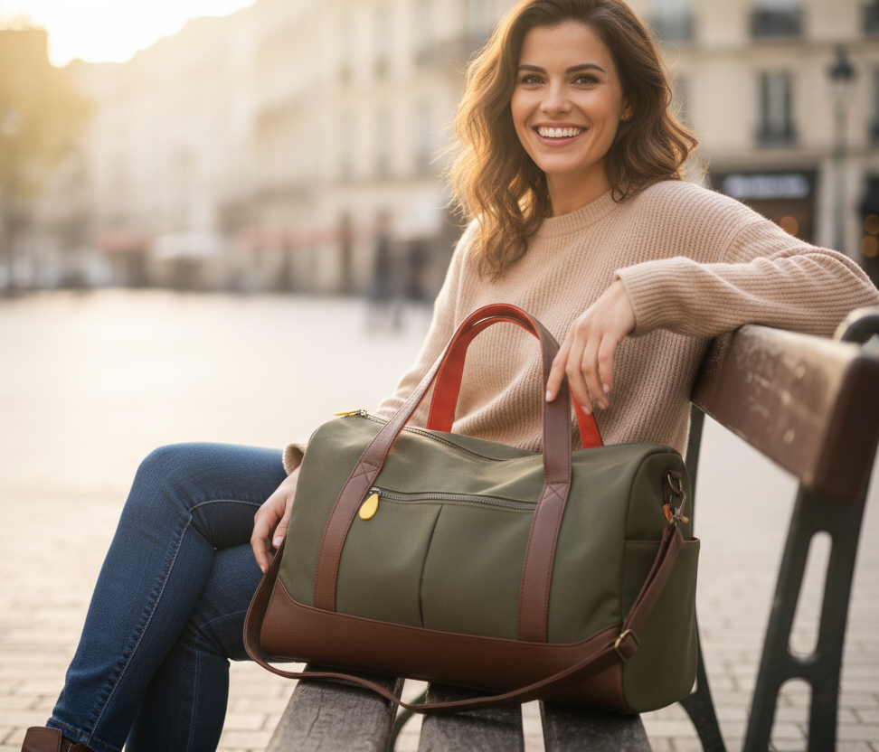 Woman holding a green duffel bag with brown handles in an urban setting