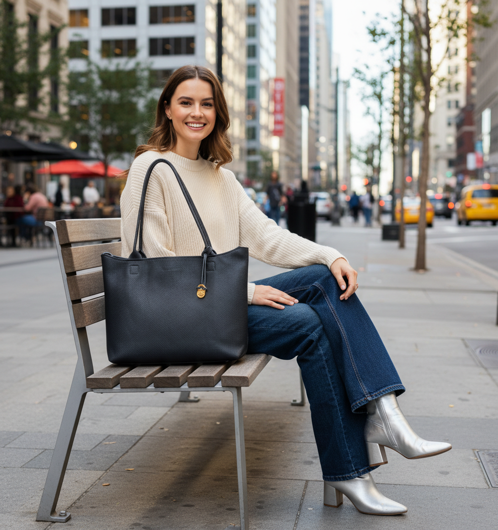 Woman sitting on a bench in an urban setting with a black leather tote bag.