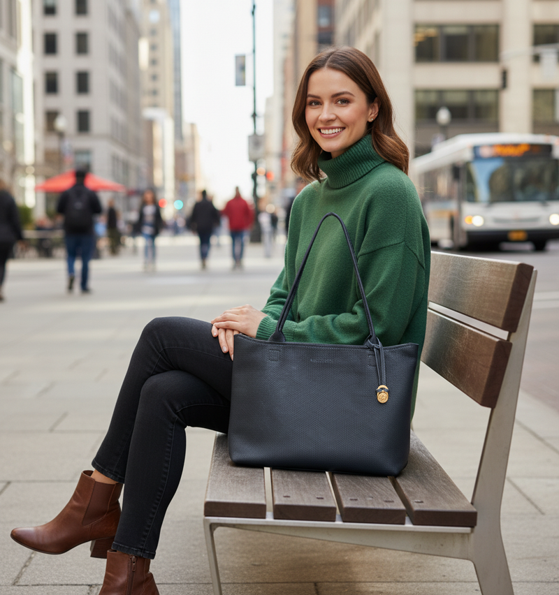 Woman sitting on a bench in an urban setting holding a navy leather tote bag.