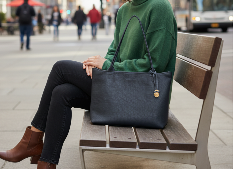 Woman sitting on a bench in an urban setting holding a black leather tote bag.