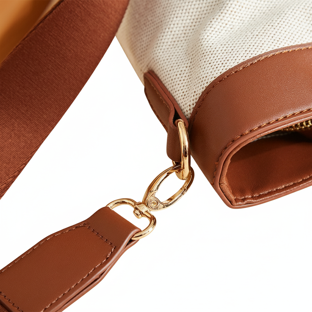 Close-up of a brown convertible diaper bag tote with a gold clasp on a white background