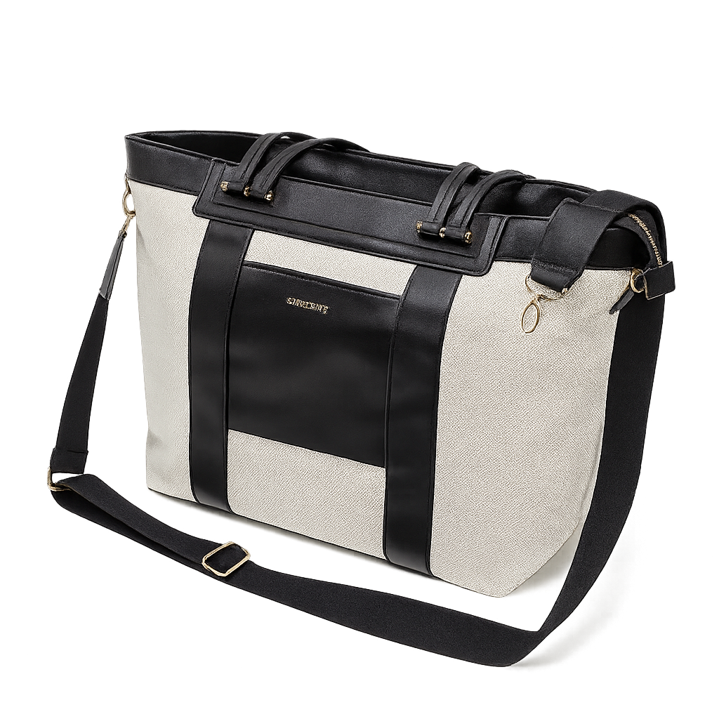 Black and white convertible diaper bag canvas tote with travel mat