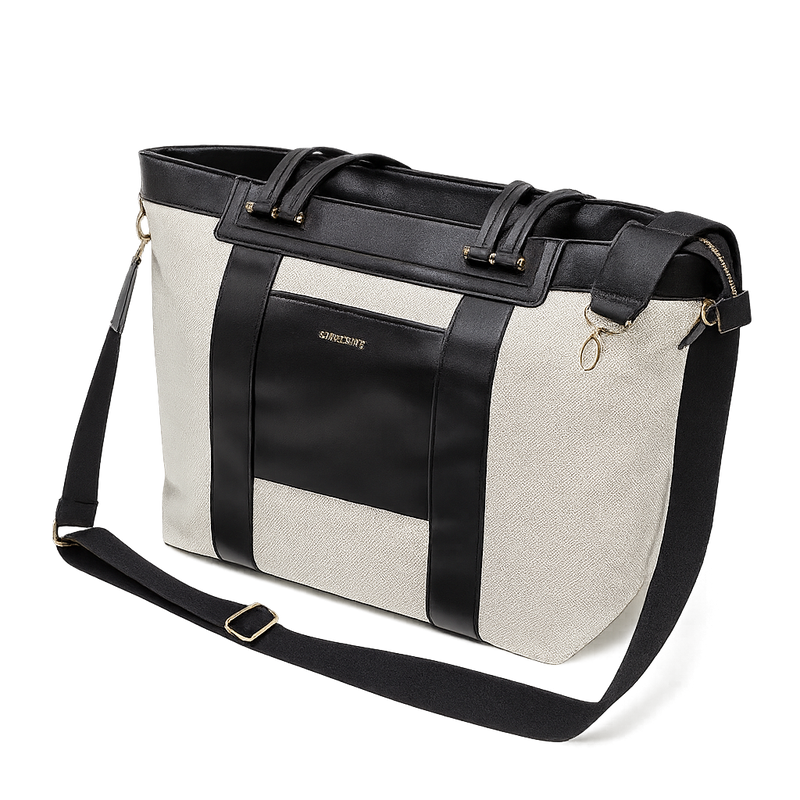 Black and white convertible diaper bag canvas tote with travel mat