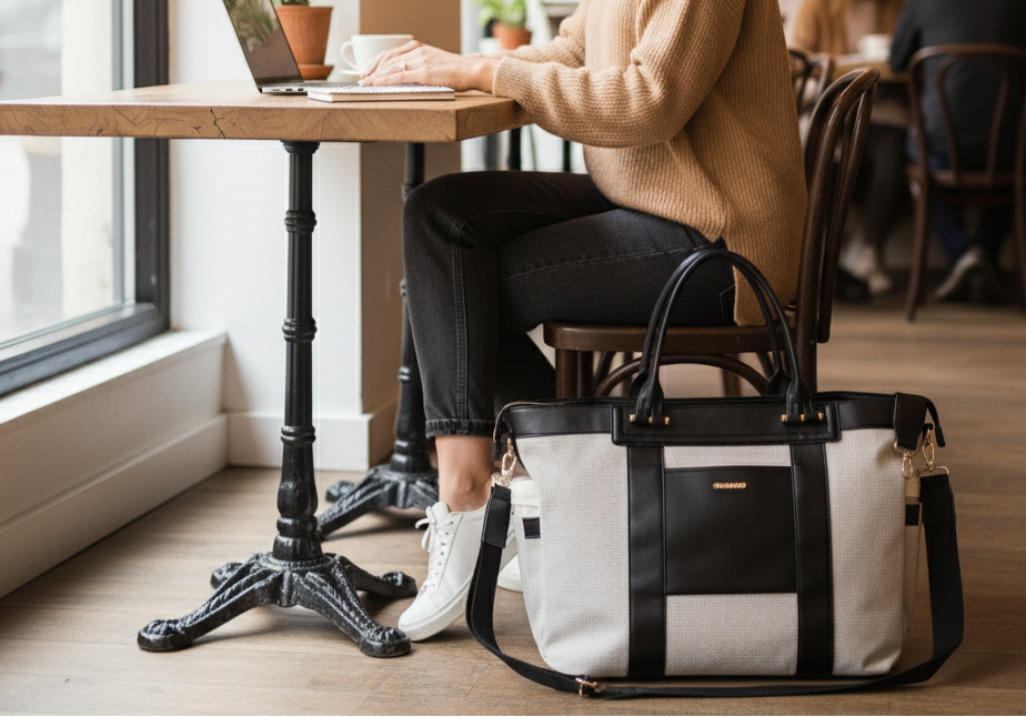 Woman using a laptop at a cafe with a tote on the floor.