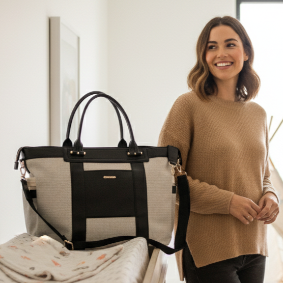 Woman standing in a nursery with a large convertible diaper bag canvas tote