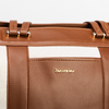 Brown convertible diaper bag tote with gold accents on a white background