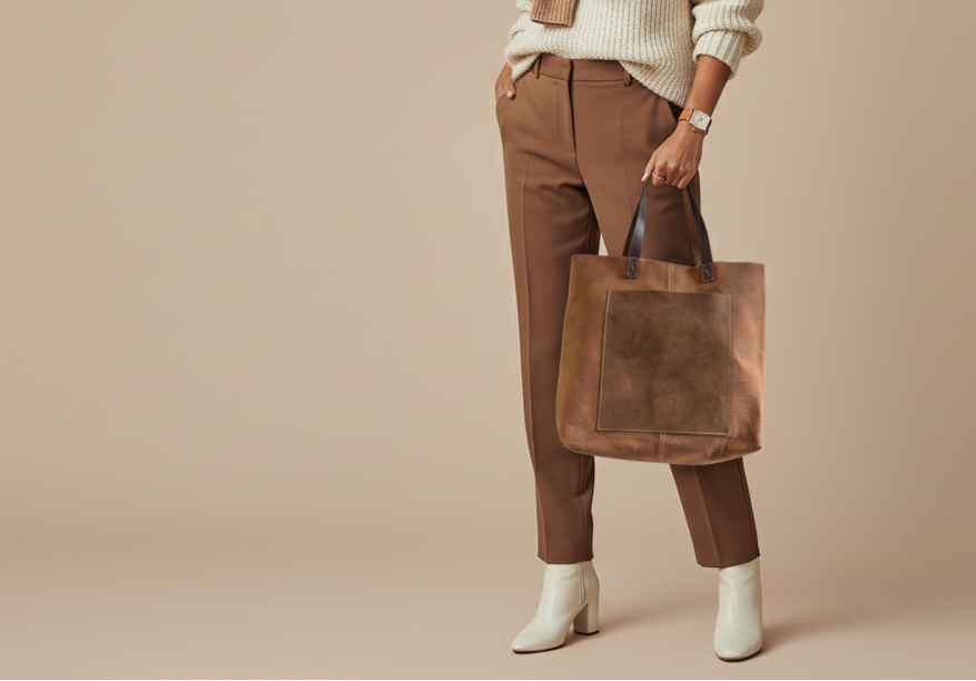 Woman holding a brown tote bag against a beige background