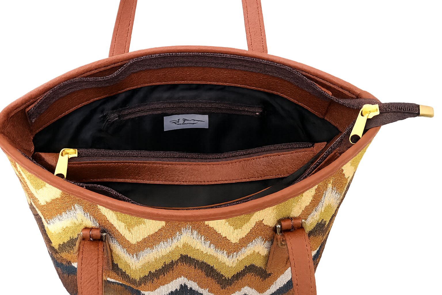 Woven tote with a chevron pattern and black interior on a white background