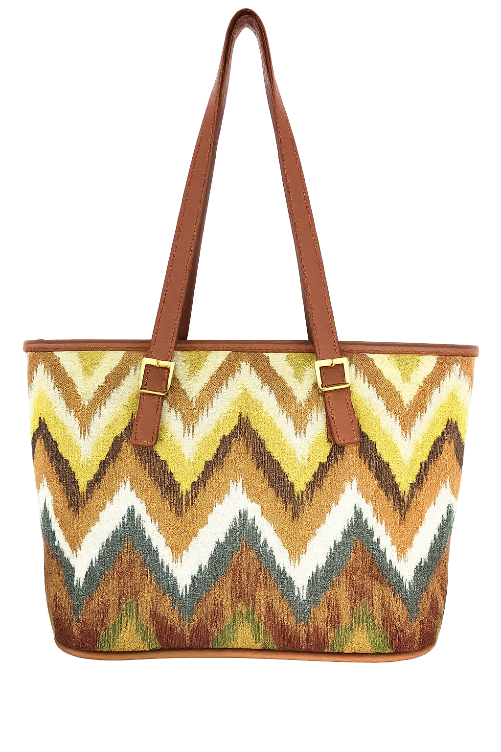 Woven patterned tote bag with zigzag pattern and brown handles on a white background