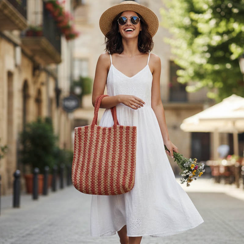 Woman in a white dress and straw hat walking down a street with a red and beige stripped tote.