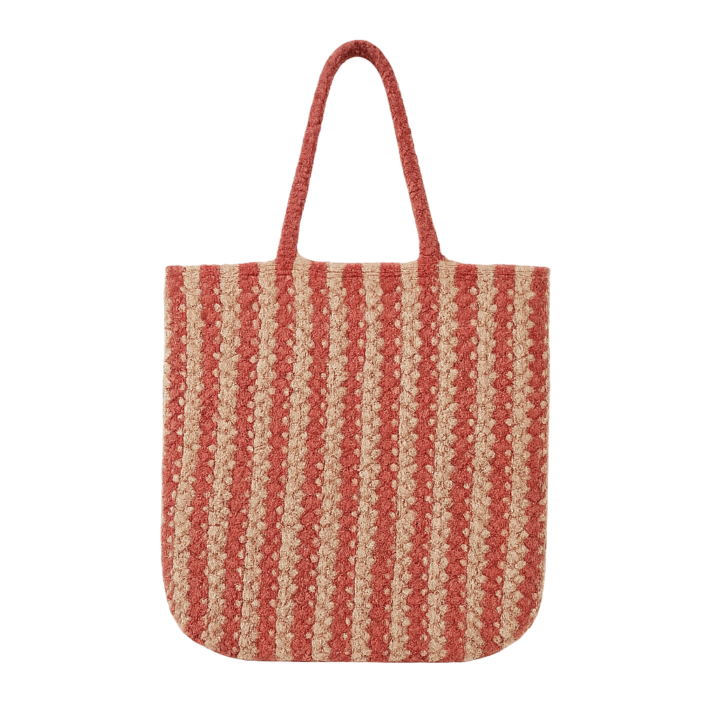 Striped red and beige tote bag on a white background
