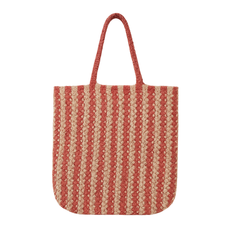 Striped red and beige tote bag on a white background