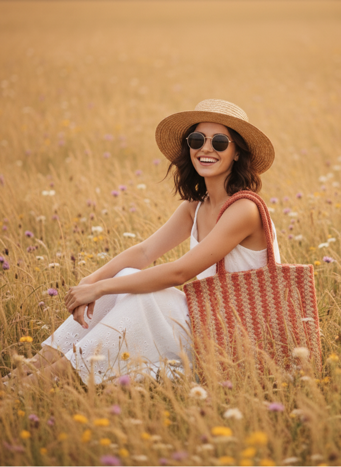 Woman in a straw hat and sunglasses sitting in a field of tall grass and wildflowers with a red and beige patterned tote.